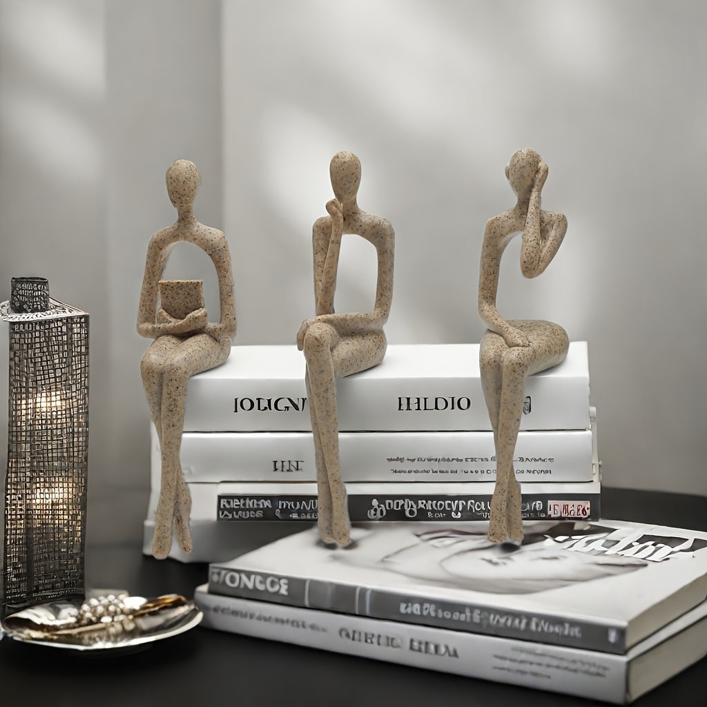 Set of 3 European Style Sandstone Thinker Statues for Decor